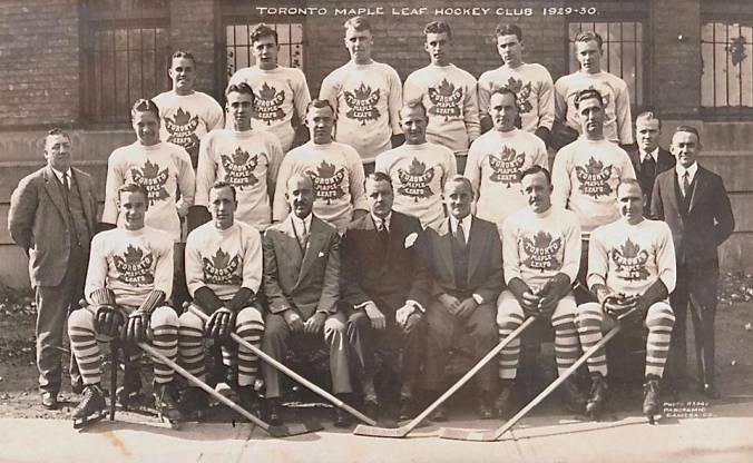 The 1929-30 Leafs, with Corporal Joe Coyne in the middle row, second from the right, between Frank Selke and Lorne Chabot.